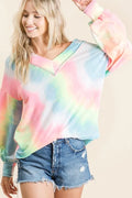 V-Neck Puff Sleeve Tie-Dye Top in French Terry in Pink Multi