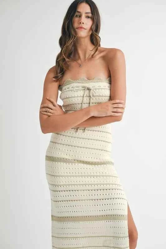 MABLE Contrast Striped Crochet Knit Midi Dress