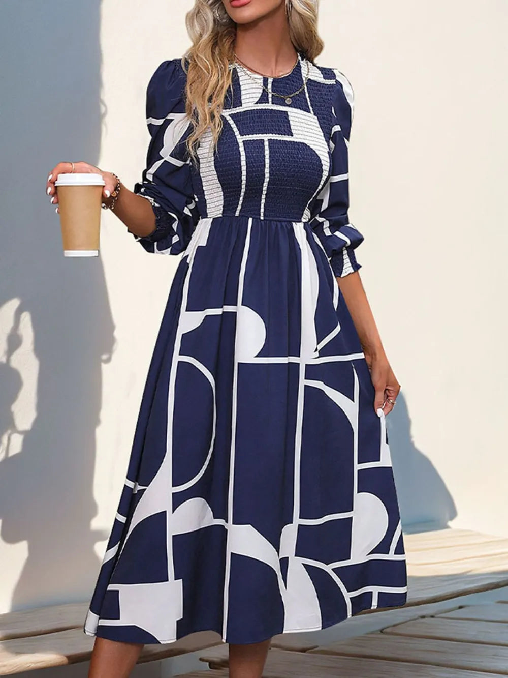 Smocked Color Block Long Sleeve Midi Dress – photo 3
