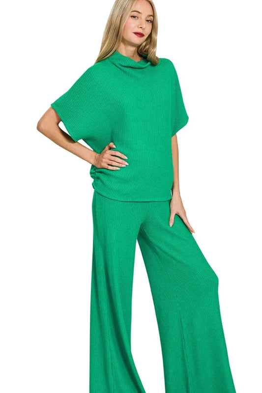 Sweater Mock Neck Top & Long Pants Set in K GREEN