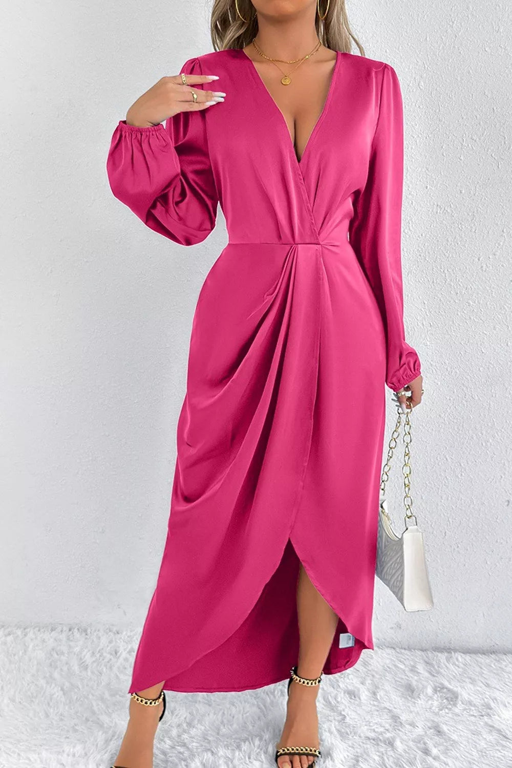 Satin Balloon Sleeve Midi Dress with Slit in Hot Pink