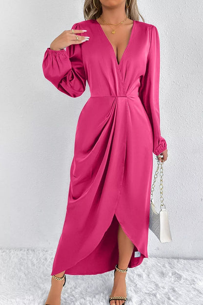 Satin Balloon Sleeve Midi Dress with Slit in Hot Pink