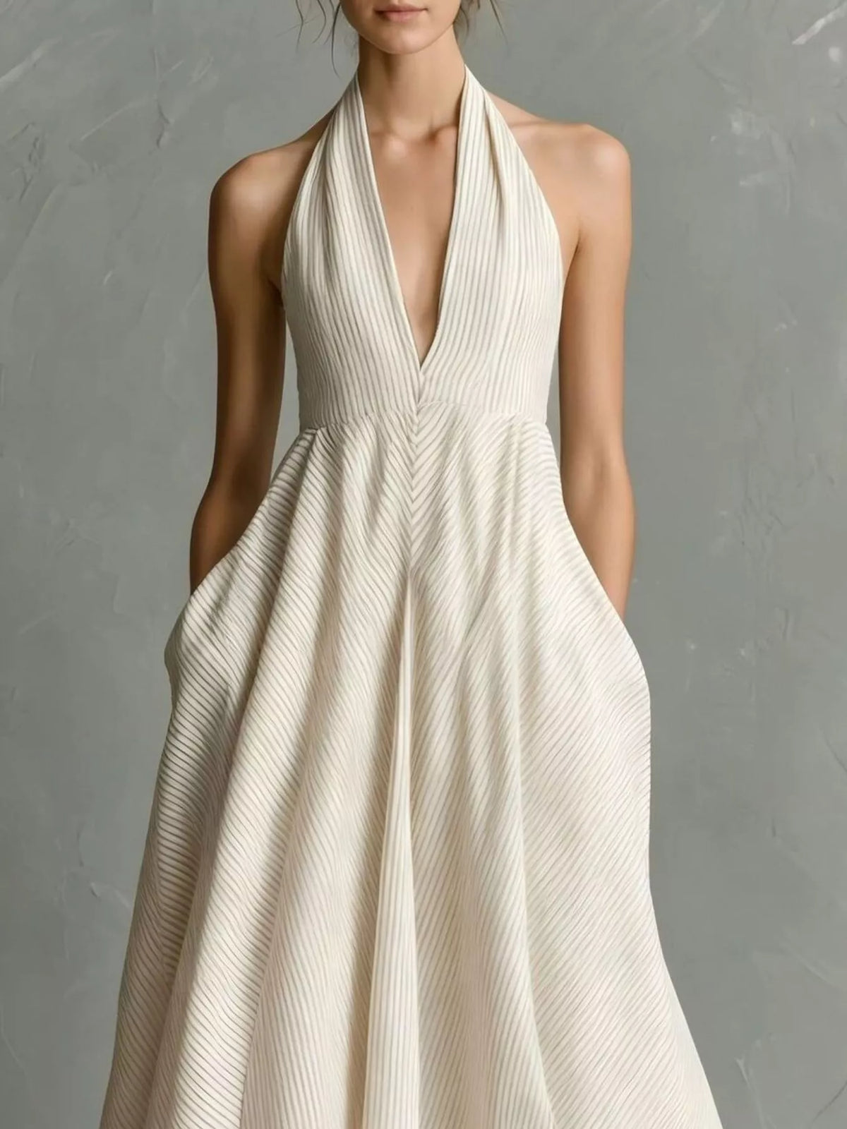 Striped Halter Neck Maxi Dress with Pockets – Plus Size in Beige
