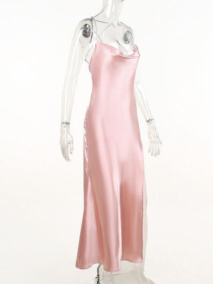 Slinky Satin Cowl Neck High-Slit Dress with Lace-Up Back – photo 8