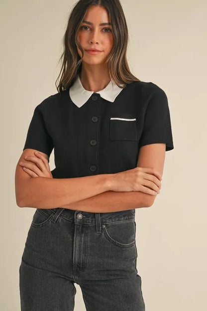 Button Down Contrast Collared Knit Cardigan — Livostyle