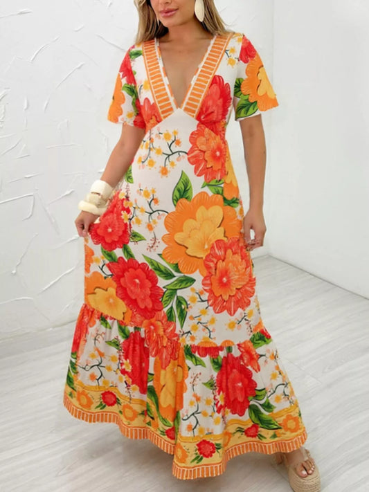 Floral Print V-Neck Maxi Dress in Orange