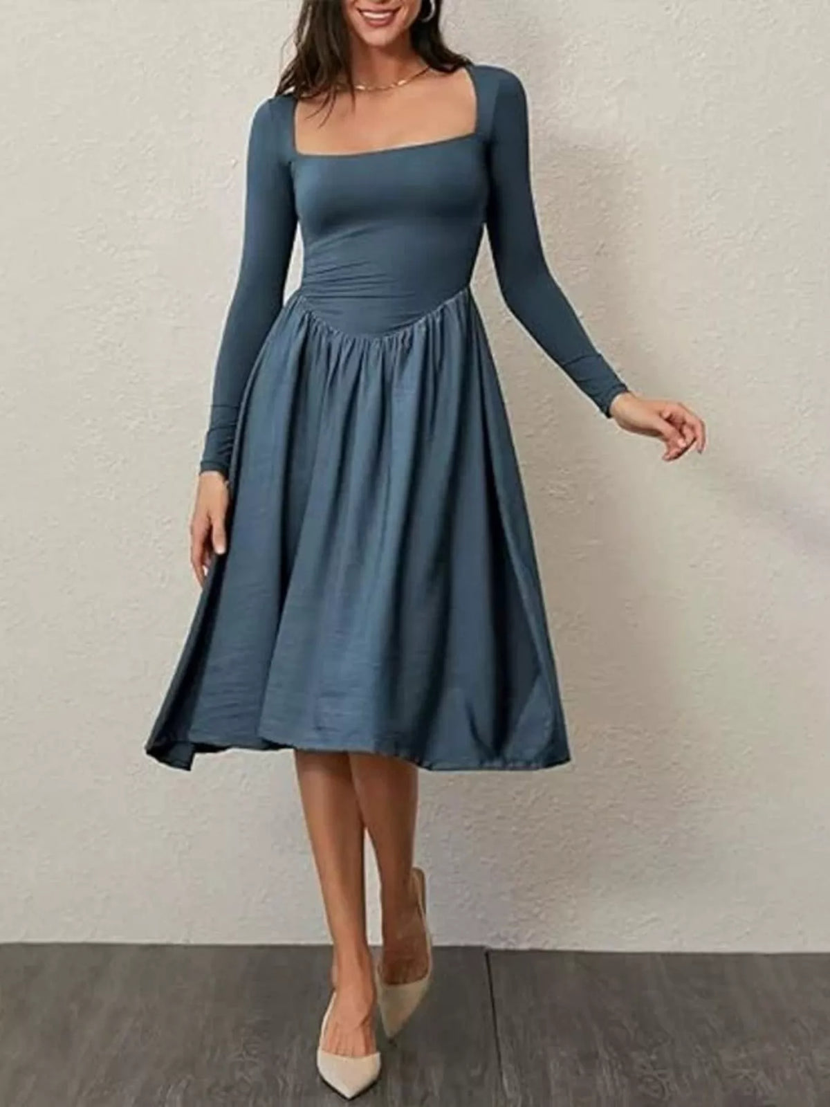 Square Neck Long Sleeve Midi Dress in Cotton Blend in Blue
