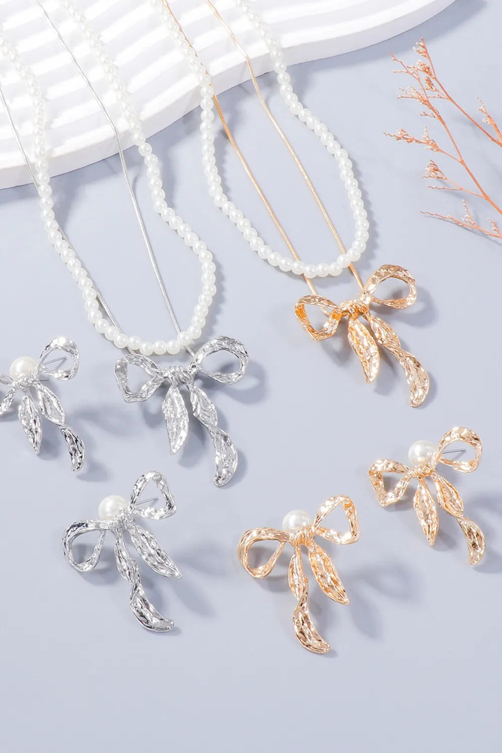 Synthetic Pearl Necklace, Bow Necklace and Bow Earrings Jewelry Set — Livostyle