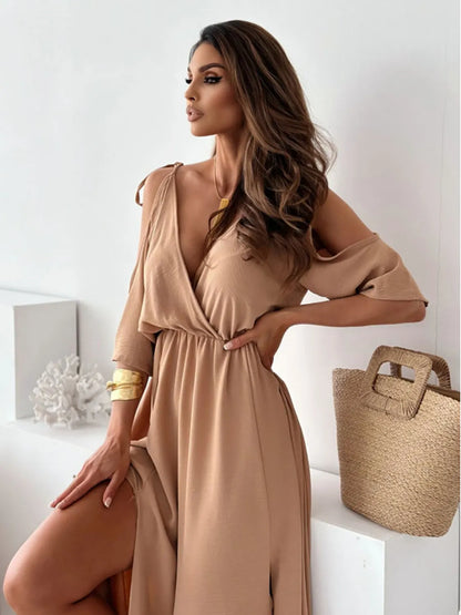 Tied Shoulder Slit Maxi Dress in Camel