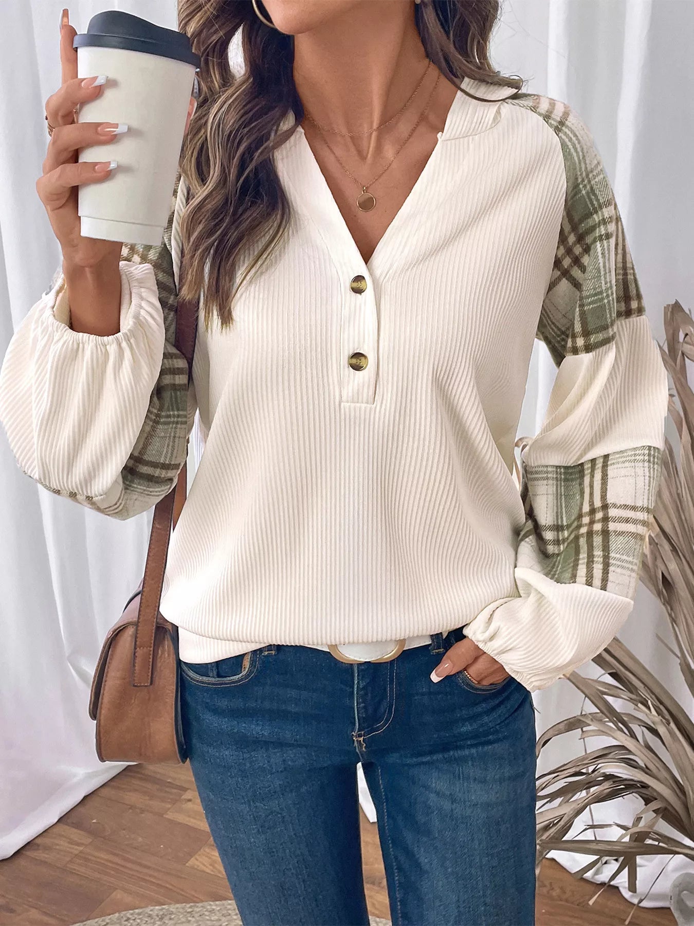 Plaid V-Neck Button Front Sweatshirt back view — Livostyle