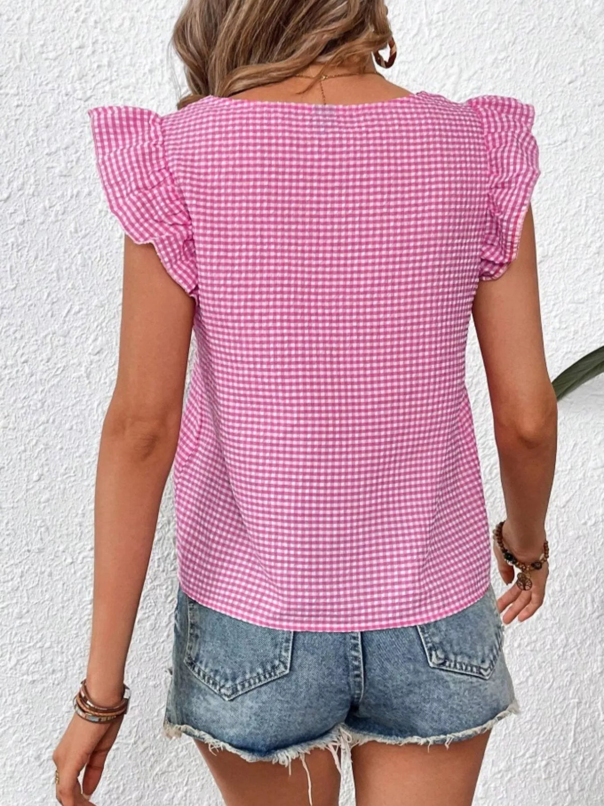 Gingham Ruffle Sleeve Square Neck Blouse – photo 6