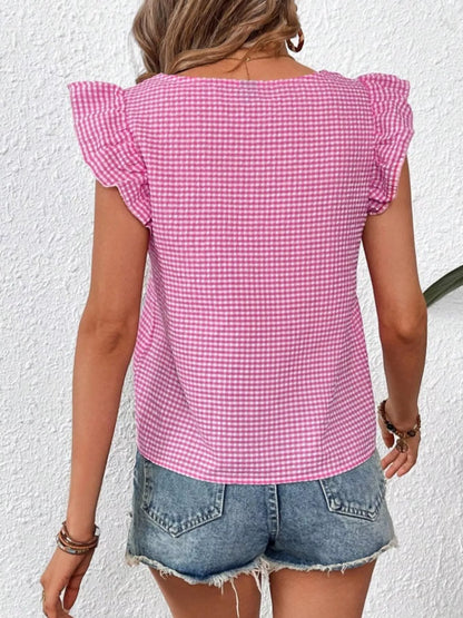 Gingham Ruffle Sleeve Square Neck Blouse – photo 6