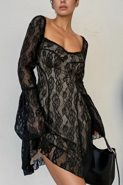 Lace Sweetheart Neck Flare Sleeve Mini Dress — Livostyle