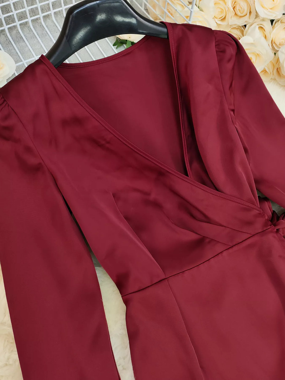 Surplice Satin Long Sleeve Dress with Belt – photo 6