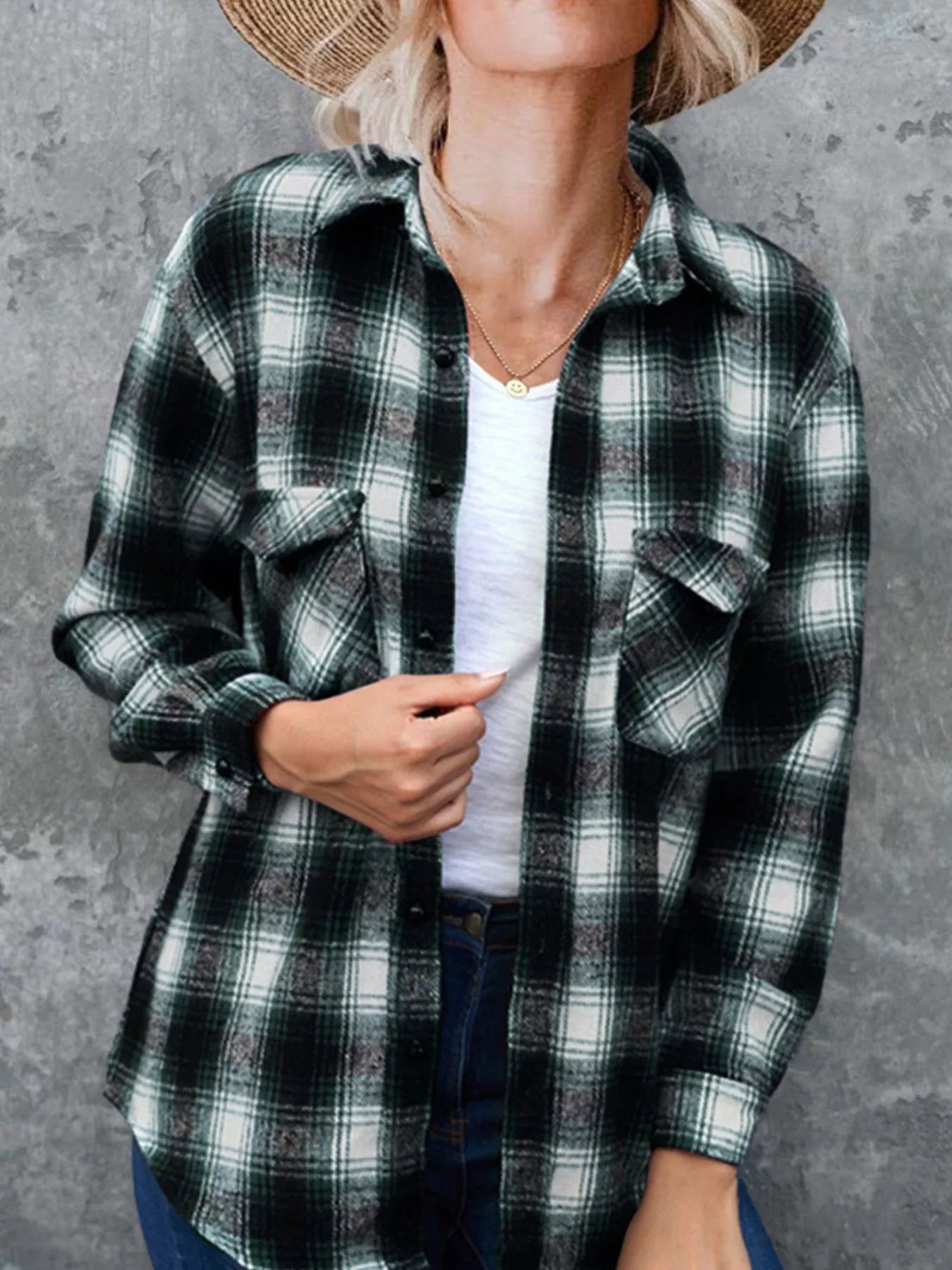 Full Size Plaid Button-Up Long Sleeve Shirt Plus Size detail — Livostyle