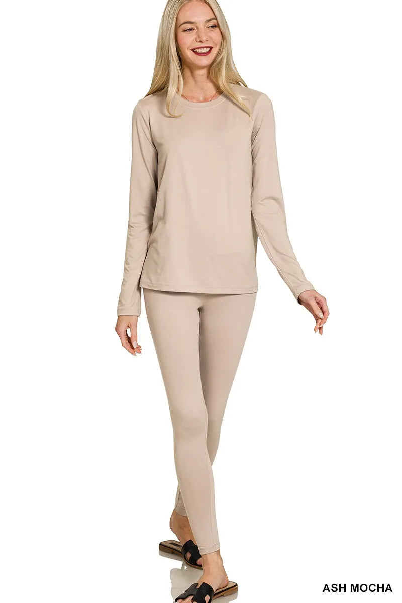 Microfiber Round Neck Top and Leggings Set in ASH MOCHA