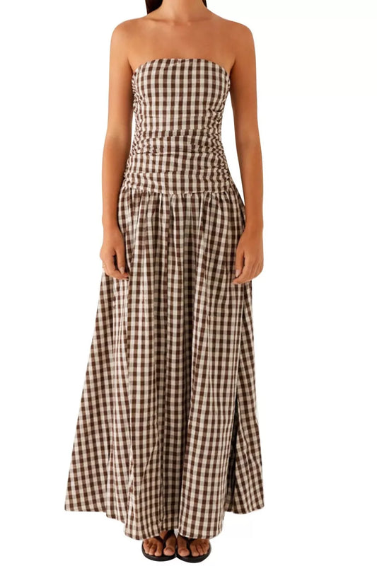 Strapless Ruched Maxi Dress in Taupe