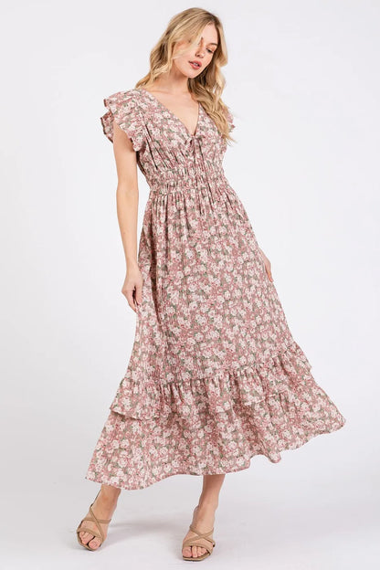 Flower Print Ruffle Cap Sleeve V-neck Midi Dress — Livostyle