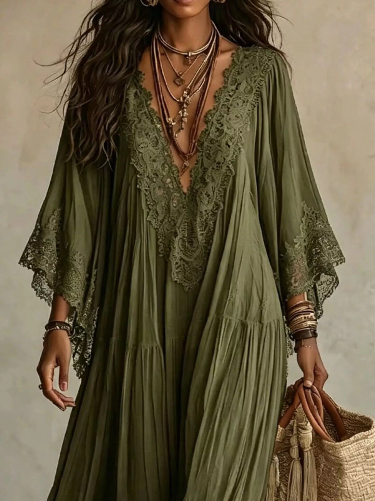 Lace Trim Tiered V-Neck Maxi Dress – photo 5
