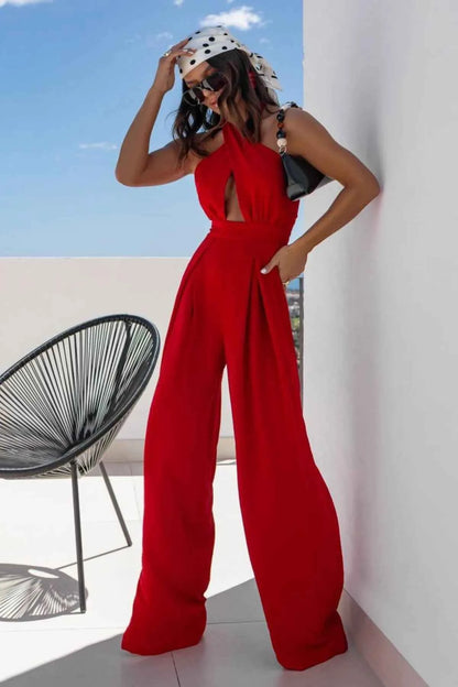 Halter Neck Wide Leg Jumpsuit with Keyhole Detail — Livostyle