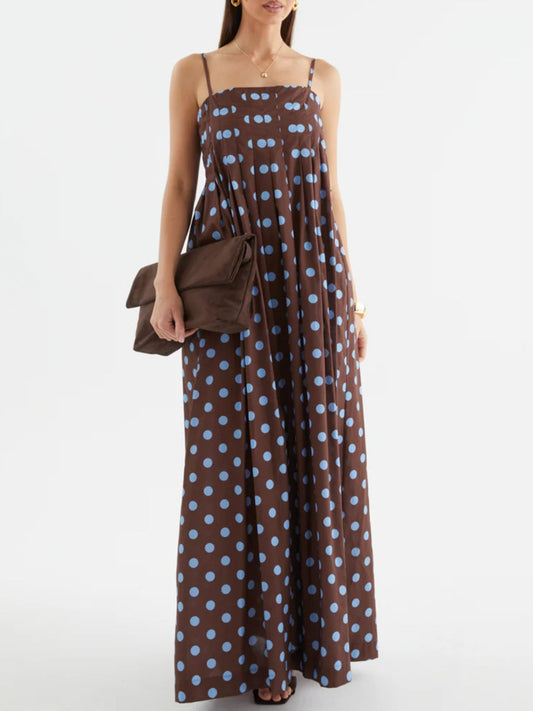 Polka Dot Smocked Pleated Maxi Dress in Brown