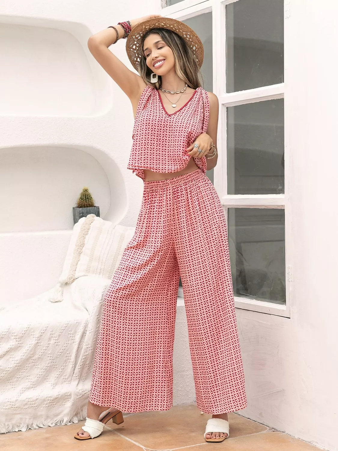 Gingham Tie Shoulder Top and Pants Set detail — Livostyle