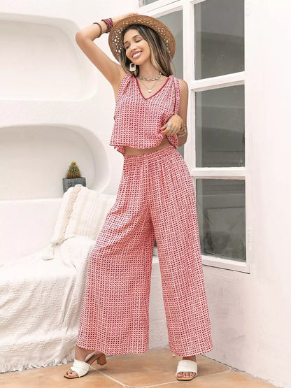 Gingham Tie Shoulder Top and Pants Set detail — Livostyle