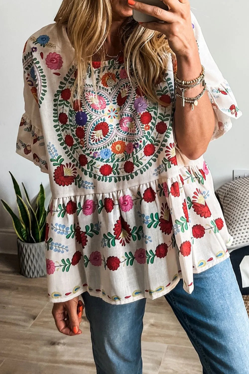 Floral Print Round Neck Ruffle Trim Blouse back view — Livostyle