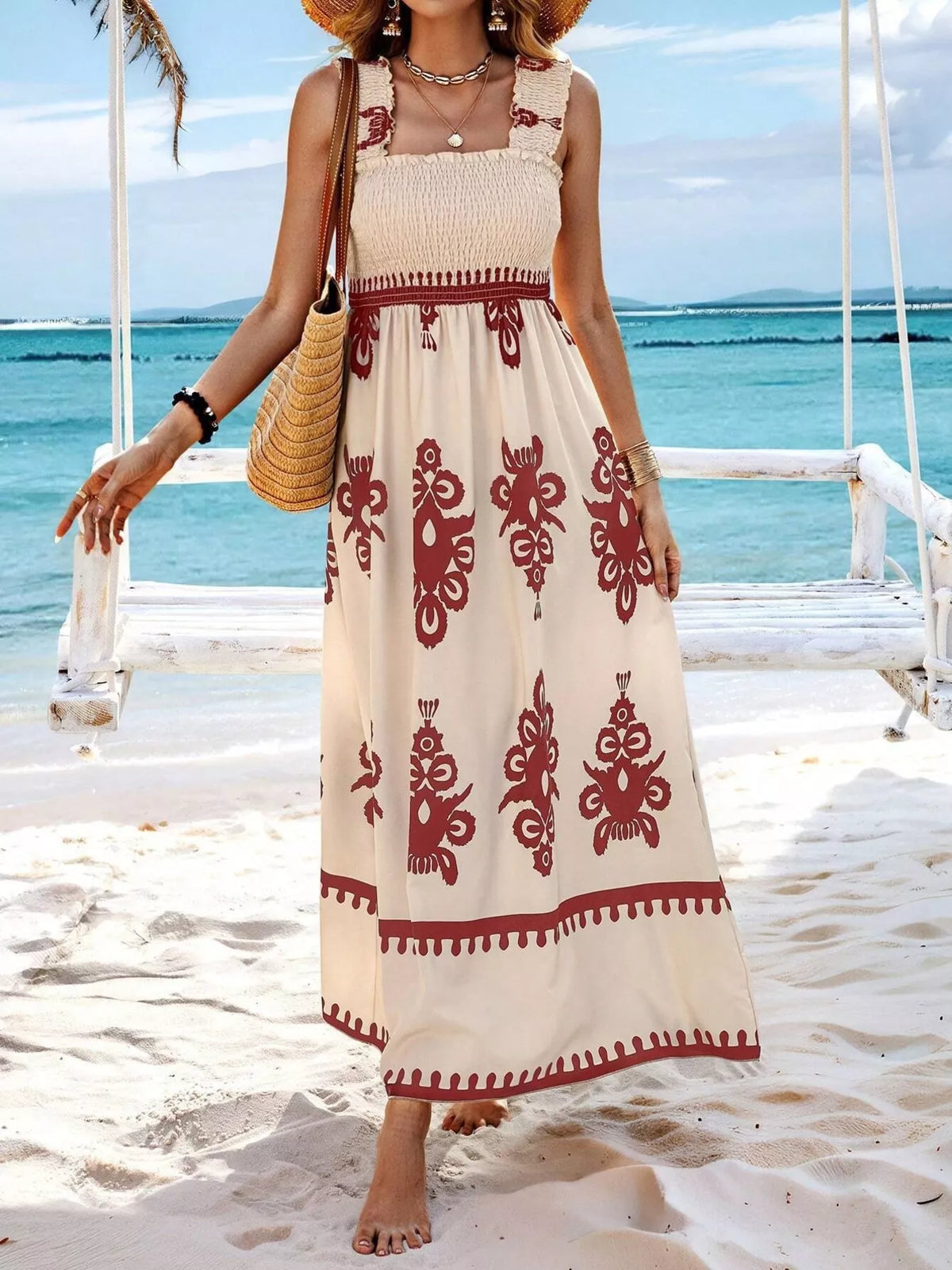 Smocked Printed Square Neck Ruffle Maxi Dress – photo 21