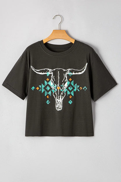 Bull Head Skull Round Neck Short Sleeve T Shirt styling — Livostyle
