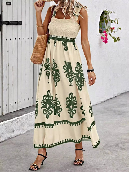 Smocked Printed Square Neck Ruffle Maxi Dress in Moss