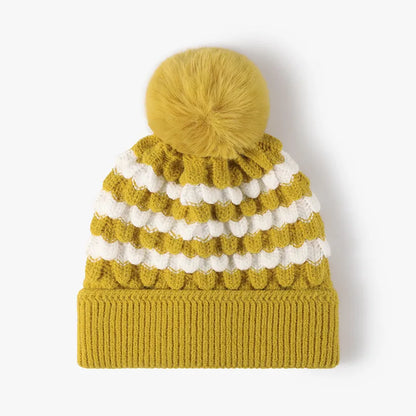 Striped Contrast Knit Hat with Pom-pom — Livostyle