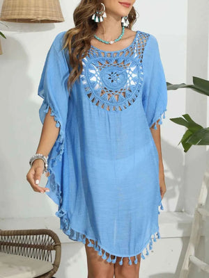 Tassel Crochet Round Neck Beach Cover-Up in Sky Blue
