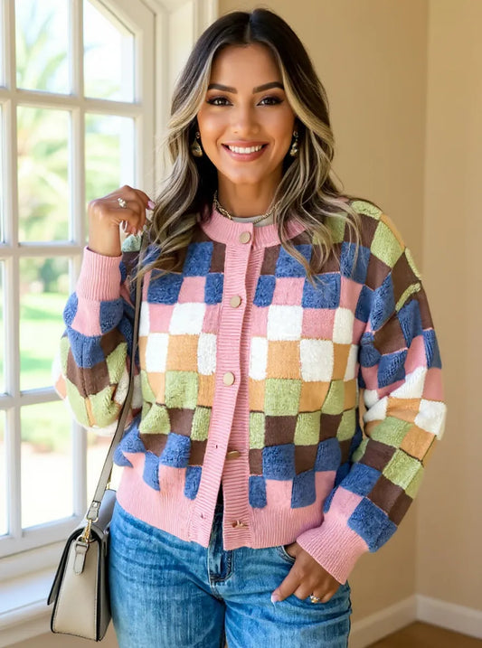 Checkered Pattern Button Front Cardigan detail — Livostyle