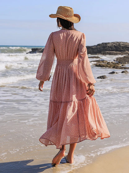 Embroidered Polka Dot Tie Neck Long Sleeve Midi Dress – photo 8