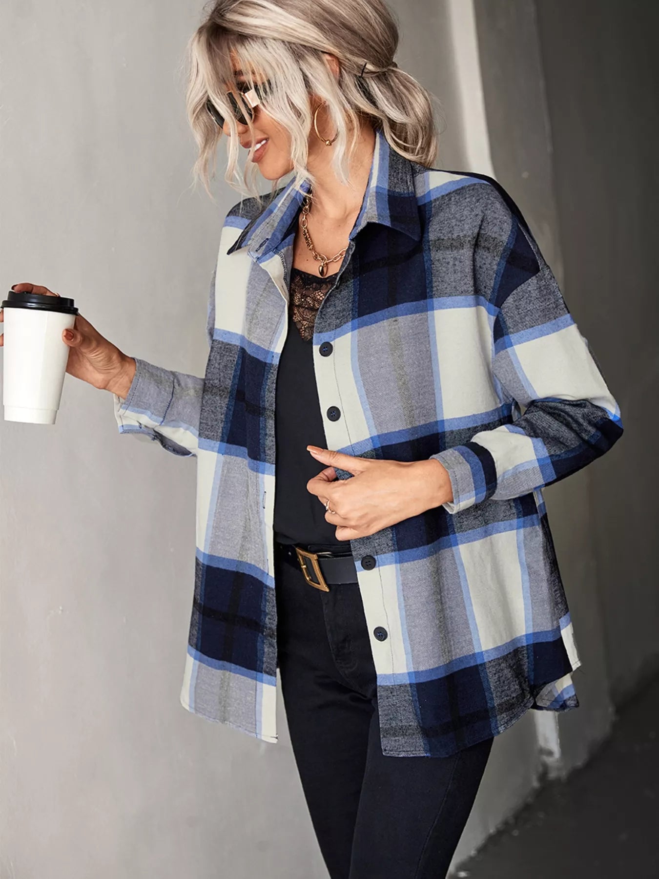 Plaid Button-Down Long Sleeve Shirt closeup — Livostyle