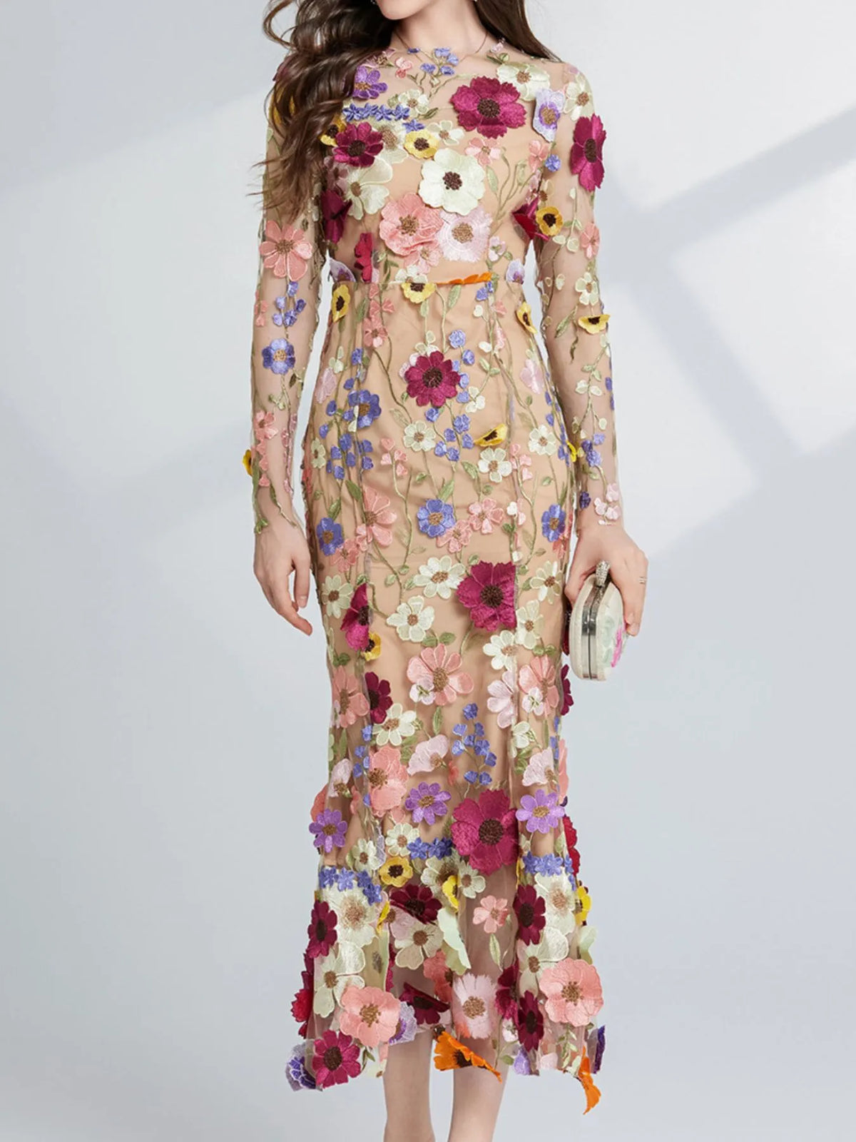 Floral Embroidered Mesh Long Sleeve Tiered Midi Dress – photo 2