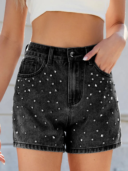 Rhinestone Washed High Waist Denim Shorts detail — Livostyle