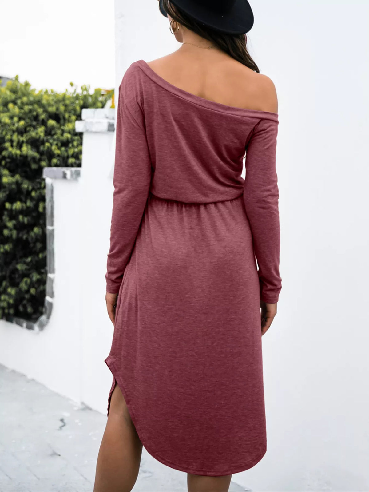 One-Shoulder Long Sleeve Midi Dress with Drawstring Waist – photo 13