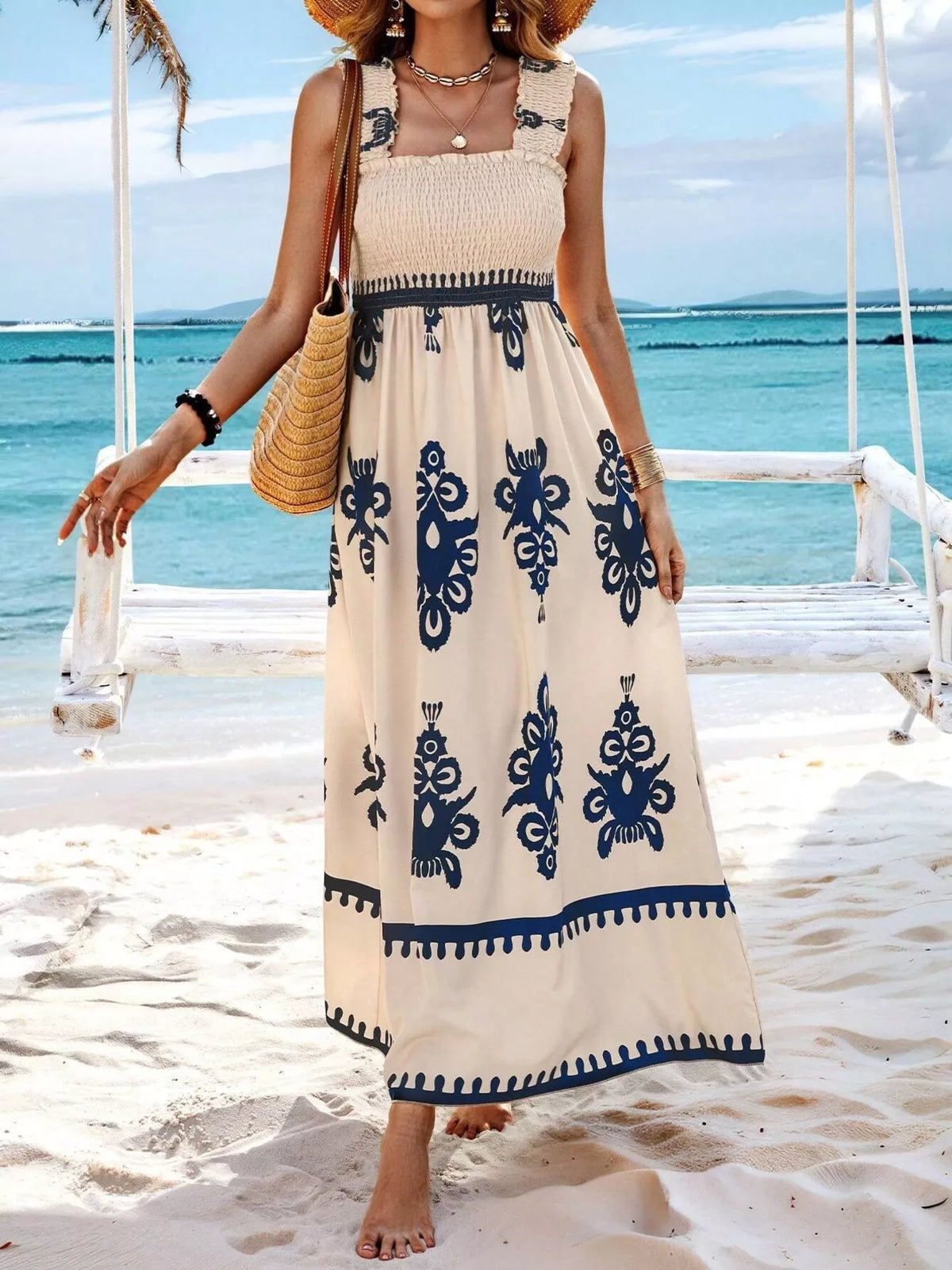 Smocked Printed Square Neck Ruffle Maxi Dress – photo 3