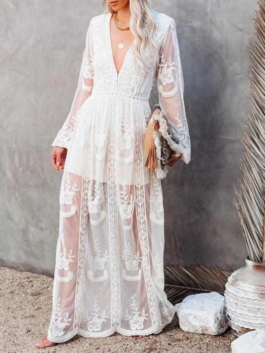 Floral Lace Maxi Dress with Slit in White