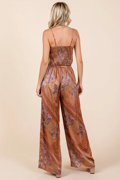 Paisley Patchwork Print Satin Wide Leg Pants closeup — Livostyle