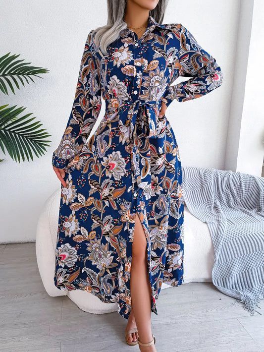 Tied Printed Long Sleeve Midi Dress with Buttons in Royal Blue
