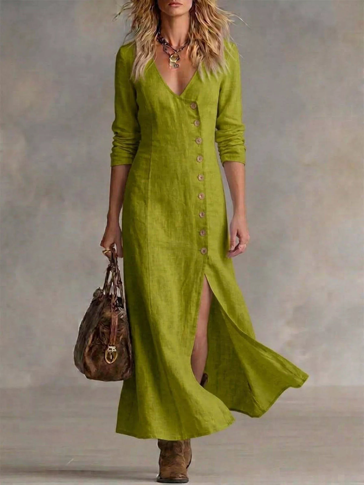 Slit Button-Down Midi Dress in Yellow Green