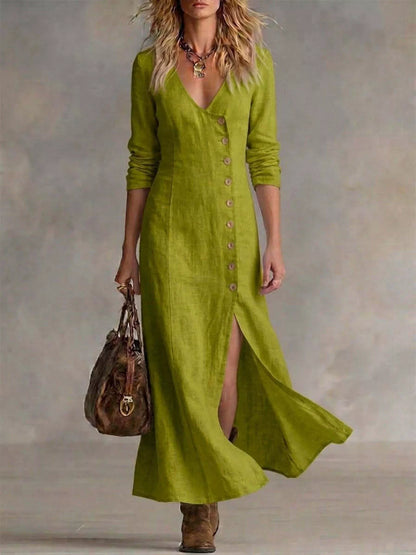 Slit Button-Down Midi Dress in Yellow Green