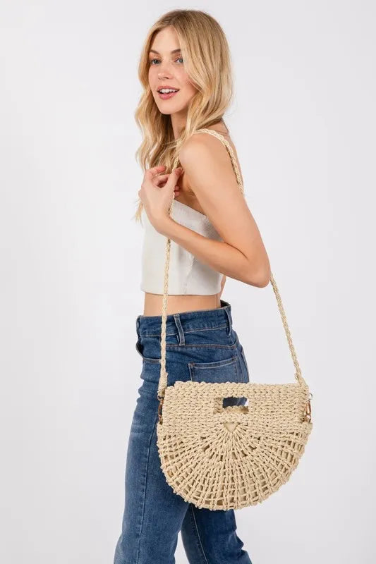 Braided Semi Circle Tote Bag in Beige Crossbody — Livostyle
