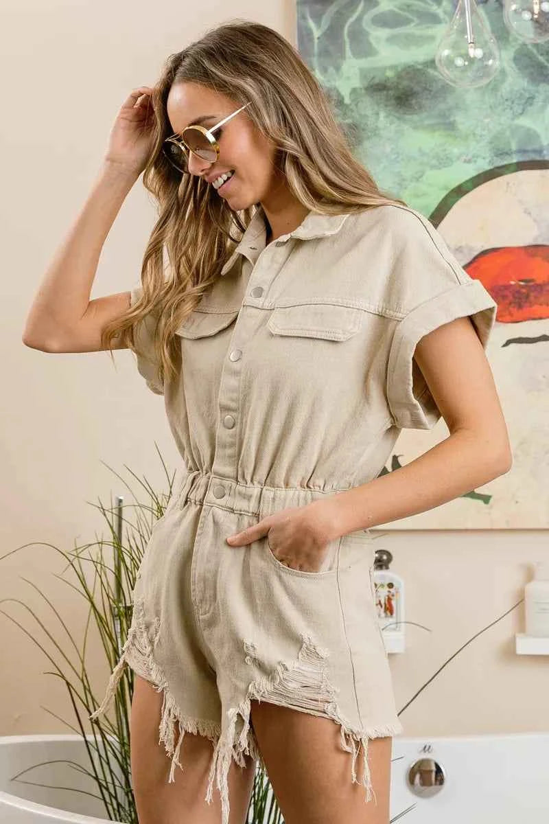 BiBi Distressed Detail Washed Elastic Waistband Romper