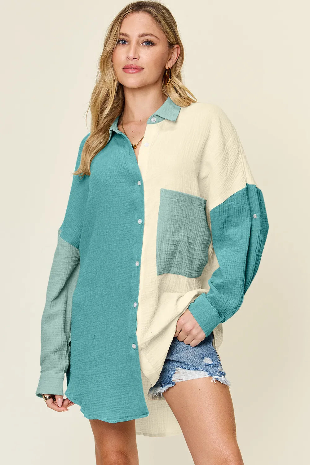 100% Cotton Button-Up Shirt with Chest Pockets in Teal