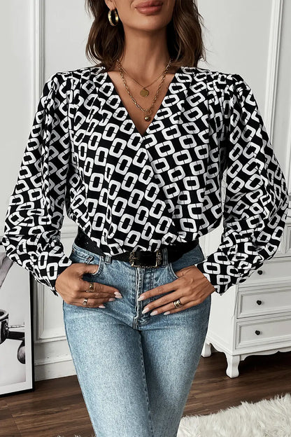 Geometric V-Neck Long Sleeve Blouse — Livostyle