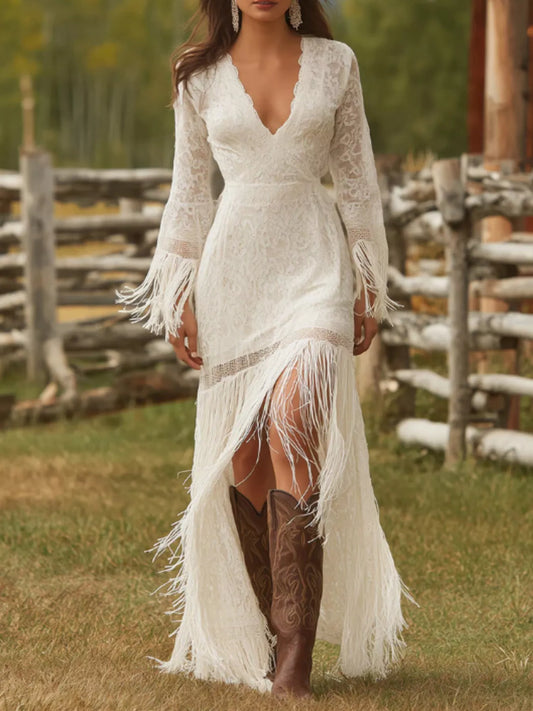 Lace Fringe V-Neck Maxi Dress with Slit in White